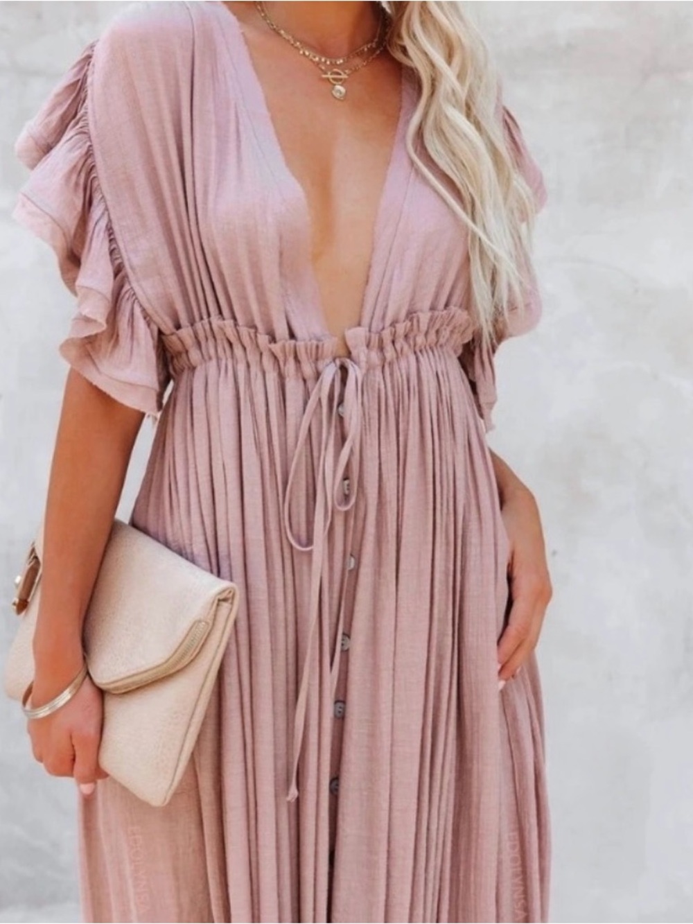 Blush Pink Plunge Maxi Dress with Drawstring Waist